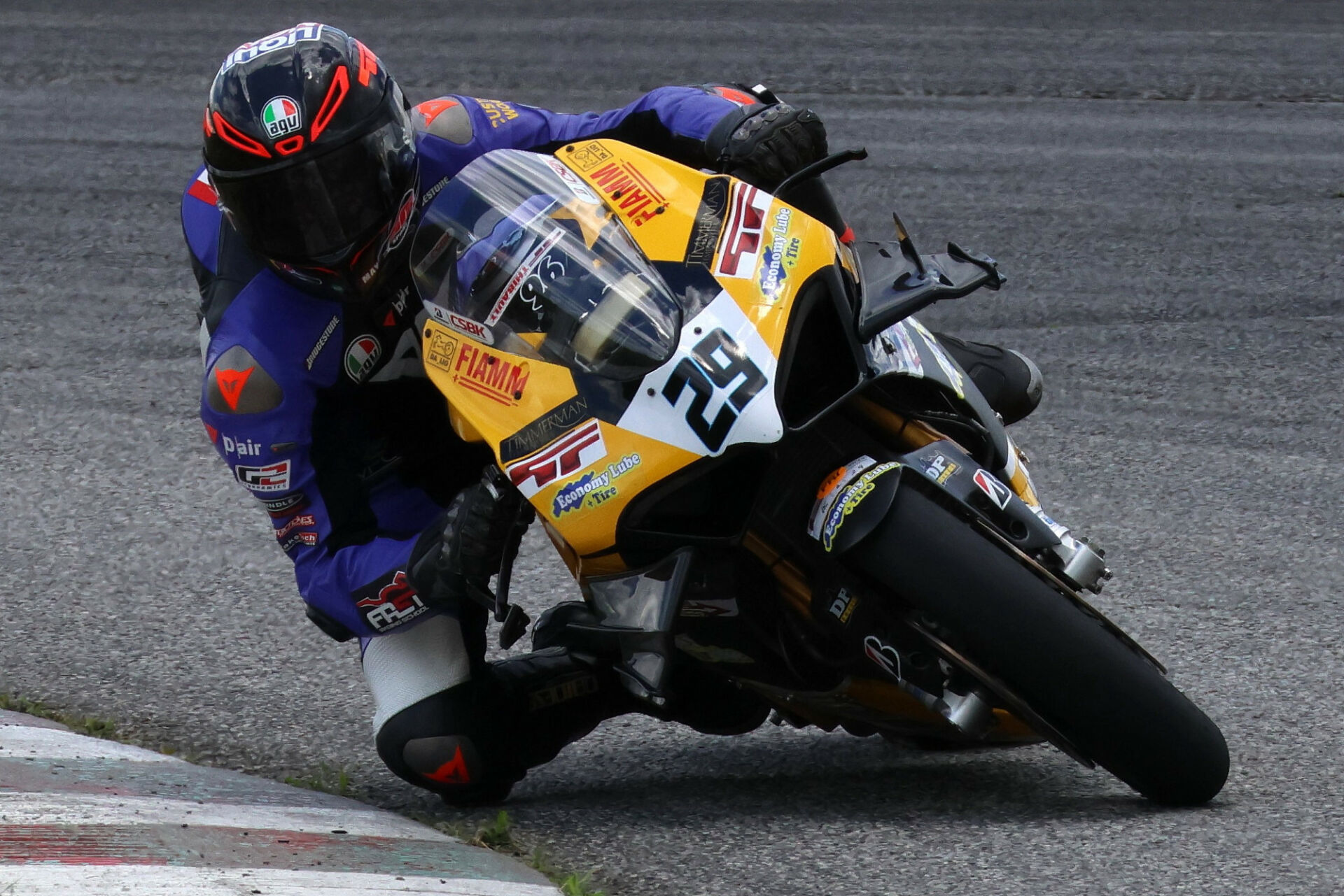 2021 Canadian Superbike Champion Alex Dumas (29) testing om a Ducati Panigale V4 in June 2024. Photo by Colin Fraser, courtesy CSBK.